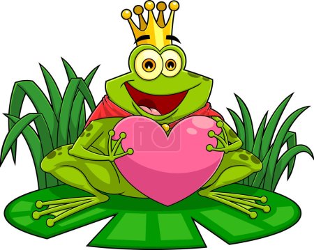 Téléchargez les illustrations : Prince grenouille avec Couronne d'or personnage de bande dessinée tenant un coeur d'amour. Illustration dessinée à la main vectorielle isolée sur fond transparent - en licence libre de droit