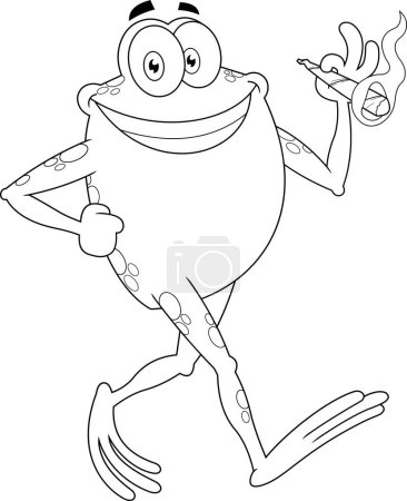 Téléchargez les illustrations : Décoré drôle grenouille personnage de bande dessinée de marche et de fumer un joint. Illustration dessinée à la main vectorielle isolée sur fond transparent - en licence libre de droit