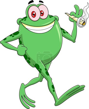 Ilustración de Divertido personaje de dibujos animados rana caminando y fumando un porro. Ilustración dibujada a mano vectorial aislada sobre fondo transparente - Imagen libre de derechos