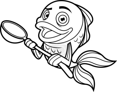 Illustration for Outlined Fish Chef Cartoon Character Holding A Big Spoon. Raster Hand Drawn Illustration Isolated On White Background - Royalty Free Image