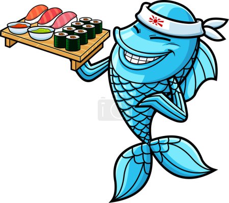 Illustration for Fish Sushi Chef Cartoon Character Showing Sushi Set Japanese Seafood. Raster Hand Drawn Illustration Isolated On White Background - Royalty Free Image