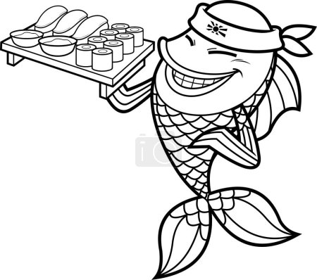 Ilustración de Delineado de pescado Sushi Chef Caricatura Personaje Mostrando conjunto de sushi mariscos japoneses. Ilustración dibujada a mano de trama aislada sobre fondo blanco - Imagen libre de derechos