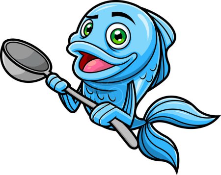Ilustración de Happy Fish Chef Personaje de dibujos animados sosteniendo una cuchara grande. Ilustración dibujada a mano de trama aislada sobre fondo blanco - Imagen libre de derechos