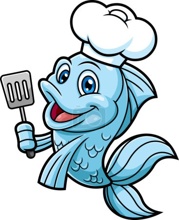 Téléchargez les illustrations : Chef de poisson mignon personnage de bande dessinée tenant Spatule fente. Illustration dessinée à la main raster isolé sur fond blanc - en licence libre de droit