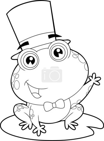 Illustration for Outlined Groom Frog Cartoon Character Waving. Raster Hand Drawn Illustration Isolated On White Background - Royalty Free Image