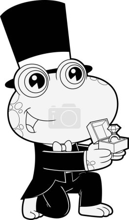 Illustration for Outlined Cute Groom Frog Cartoon Character Giving Engagement Diamond Ring. Raster Hand Drawn Illustration Isolated On White Background - Royalty Free Image