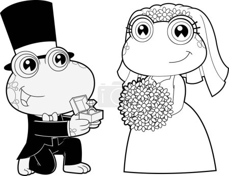 Illustration for Outlined Cute Frogs Cartoon Characters Newlyweds. Raster Hand Drawn Illustration Isolated On White Background - Royalty Free Image