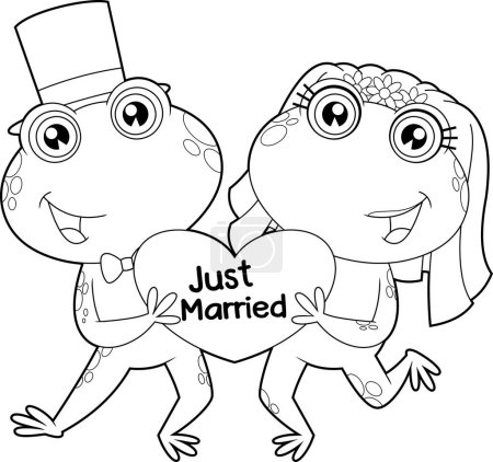 Illustration for Outlined Cute Frogs Cartoon Characters Newlyweds. Raster Hand Drawn Illustration Isolated On White Background - Royalty Free Image