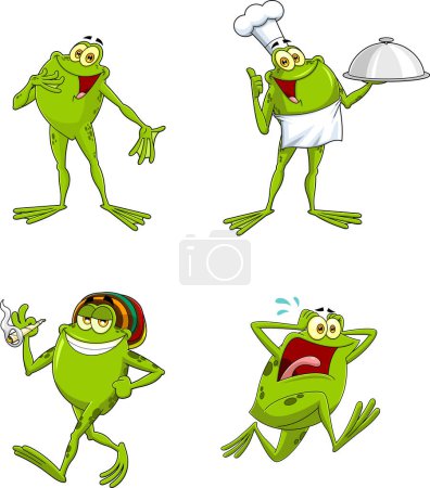 Téléchargez les illustrations : Jeu de dessin animé de mignon et adorable drôle, grenouilles vertes - en licence libre de droit