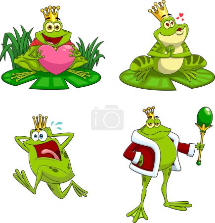 Ilustración de Conjunto de dibujos animados de lindo y adorable divertido, ranas verdes - Imagen libre de derechos