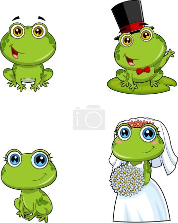 Téléchargez les illustrations : Jeu de dessin animé de mignon et adorable drôle, grenouilles vertes - en licence libre de droit