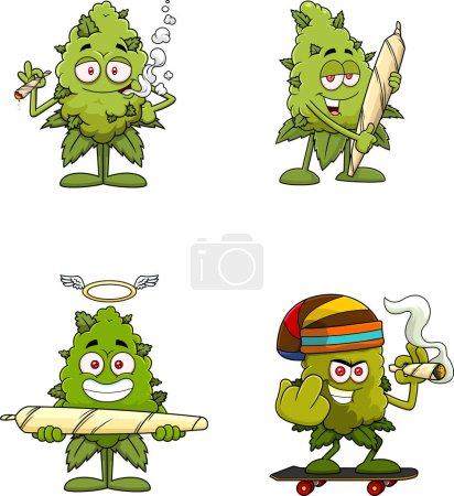 Téléchargez les illustrations : Jeu de personnages de dessins animés stylisés marijuana, illustration vectorielle - en licence libre de droit