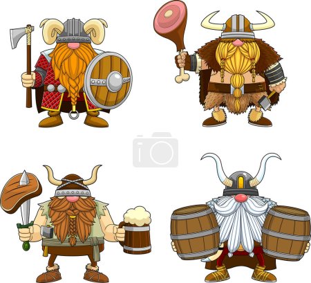 Illustration for Set of Vikings stylized cartoon characters, vector illustration - Royalty Free Image