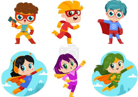 Téléchargez les illustrations : Personnages de bande dessinée super héros mignon enfants. Ensemble de collection Flat Design isolé sur fond blanc - en licence libre de droit