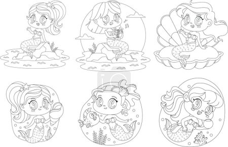 Téléchargez les illustrations : Jeu de dessin animé petites filles sirènes, coloriage image - en licence libre de droit