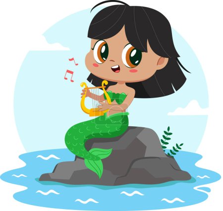 Téléchargez les illustrations : Illustration de dessin animé de petite fille sirène sur le rocher dans la mer jouer de la harpe - en licence libre de droit