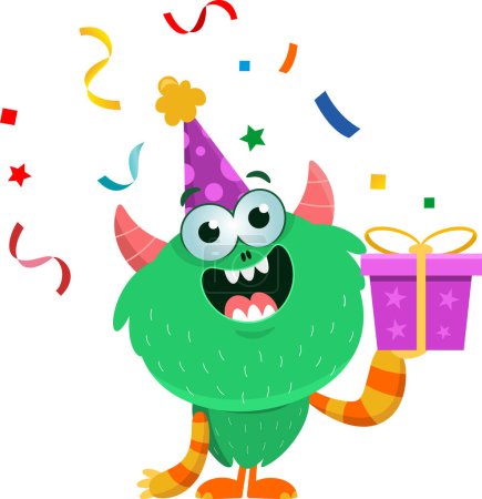 Illustration for Birthday Monster Cartoon Character With Gift Box. Vector Illustration Flat Design Isolated On Transparent Background - Royalty Free Image