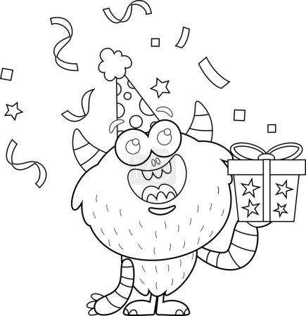 Ilustración de Personaje de dibujos animados de monstruo de cumpleaños esbozado con caja de regalo. Ilustración dibujada a mano vectorial aislada sobre fondo transparente - Imagen libre de derechos