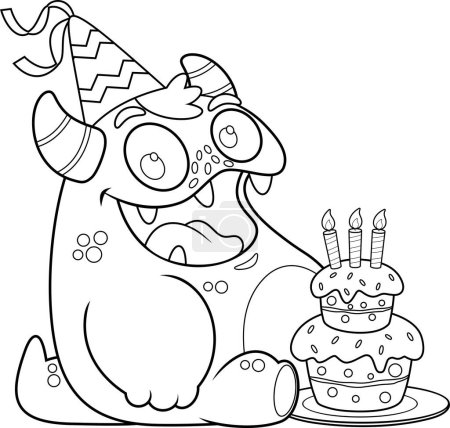 Téléchargez les illustrations : Caractère de bande dessinée de monstre de joyeux anniversaire avec le gâteau et les bougies. Illustration dessinée à la main vectorielle isolée sur fond transparent - en licence libre de droit
