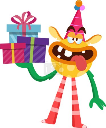 Illustration for Funny Monster Cartoon Character With A Party Hat Holding Gift Boxes. Vector Illustration Flat Design Isolated On Transparent Background - Royalty Free Image