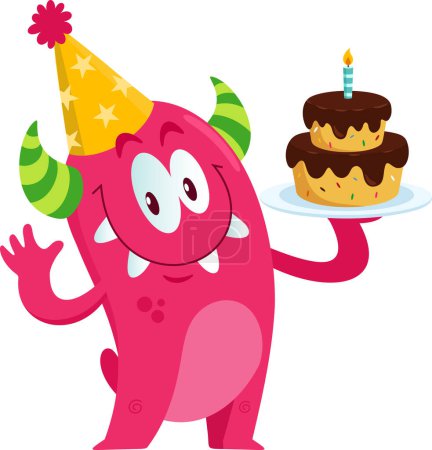 Illustration for Funny Monster Cartoon Character Wearing A Party Hat And Holding A Birthday Cake. Vector Illustration Flat Design Isolated On Transparent Background - Royalty Free Image