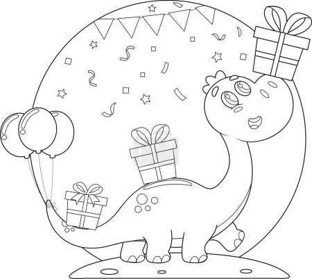 Ilustración de Delineado lindo cumpleaños dinosaurio personaje de dibujos animados lleva en cajas de regalo. Ilustración dibujada a mano vectorial aislada sobre fondo transparente - Imagen libre de derechos