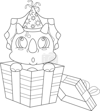 Ilustración de Delineado lindo cumpleaños dinosaurio personaje de dibujos animados salir de la caja de regalo. Ilustración dibujada a mano vectorial aislada sobre fondo transparente - Imagen libre de derechos