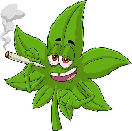 Illustration for Crazy Marijuana Leaf Cartoon Character Holding A Big Joint. Raster Hand Drawn Illustration Isolated On Transparent Background - Royalty Free Image
