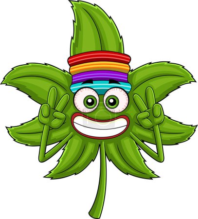 Ilustración de Carácter de la caricatura de la hoja de marihuana sonriente que muestra señal de paz. Ilustración dibujada a mano de trama aislada sobre fondo transparente - Imagen libre de derechos