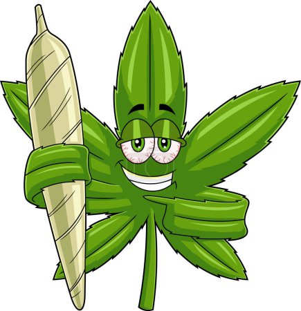 Ilustración de Carácter loco de la caricatura de la hoja de marihuana sosteniendo un gran porro. Ilustración dibujada a mano de trama aislada sobre fondo transparente - Imagen libre de derechos