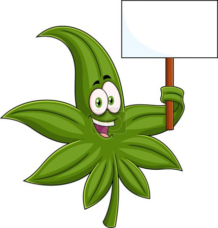 Ilustración de Carácter loco de la caricatura de la hoja de marihuana sosteniendo pancarta. Ilustración dibujada a mano de trama aislada sobre fondo transparente - Imagen libre de derechos