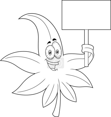 Illustration for Outlined Funny Marijuana Leaf Cartoon Character holding placard. Raster Hand Drawn Illustration Isolated On Transparent Background - Royalty Free Image