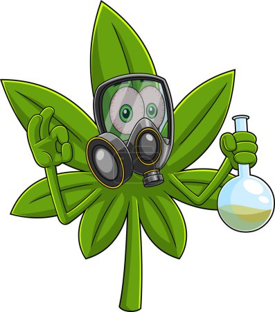 Illustration for Crazy Marijuana Leaf Cartoon Character with flask and respirator. Raster Hand Drawn Illustration Isolated On Transparent Background - Royalty Free Image