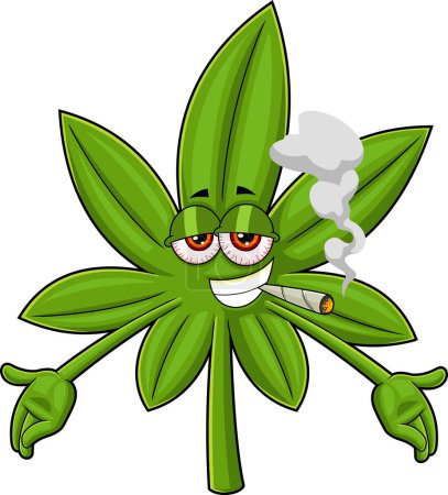 Illustration for Crazy Marijuana Leaf Cartoon Character Holding A Big Joint. Raster Hand Drawn Illustration Isolated On Transparent Background - Royalty Free Image
