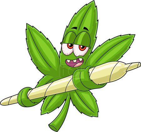 Ilustración de Carácter loco de la caricatura de la hoja de marihuana sosteniendo un gran porro. Ilustración dibujada a mano de trama aislada sobre fondo transparente - Imagen libre de derechos