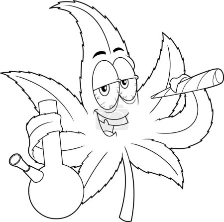 Illustration for Outlined Funny Marijuana Leaf Cartoon Character Smoking A Bong. Raster Hand Drawn Illustration Isolated On Transparent Background - Royalty Free Image