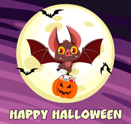 Illustration for Smiling Vampire Bat Cartoon Character Flying With A Pumpkin Basket Of Treats. Vector Illustration Flat Design Isolated On Transparent Background - Royalty Free Image