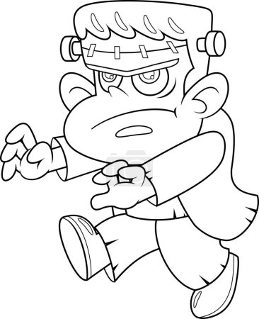 Ilustración de Esbozó el personaje de dibujos animados de Halloween Frankenstein caminando con los brazos hacia fuera. Ilustración vectorial Diseño plano aislado sobre fondo transparente - Imagen libre de derechos