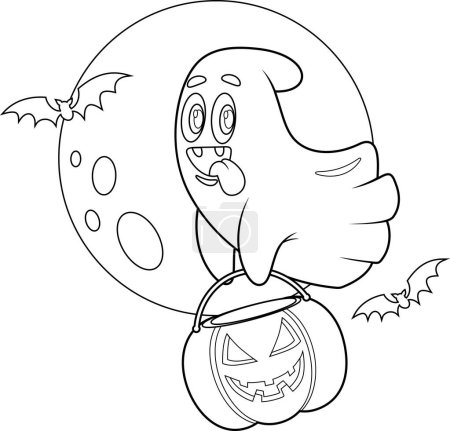 Illustration for Outlined Cute Halloween Ghost Cartoon Character Flying With A Pumpkin Basket. Vector Hand Drawn Illustration Isolated On Transparent Background - Royalty Free Image