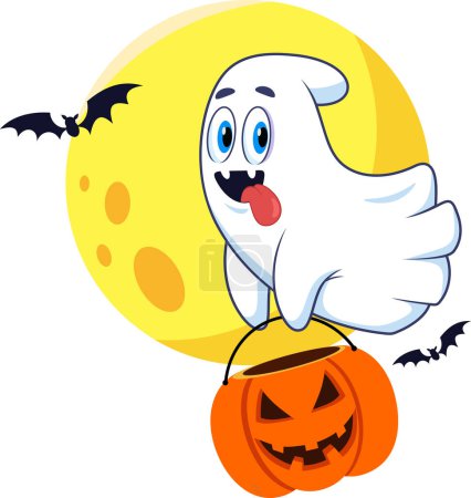 Ilustración de Lindo personaje de dibujos animados fantasma de Halloween volando con una cesta de calabaza. Ilustración dibujada a mano vectorial aislada sobre fondo transparente - Imagen libre de derechos