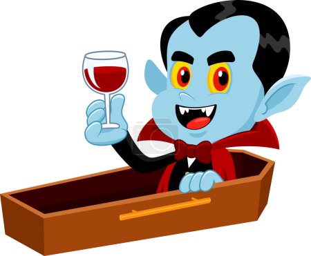 Illustration for Halloween Vampire Cartoon Character Sitting In A Coffin With A Glass Of Blood. Vector Illustration Flat Design Isolated On Transparent Background - Royalty Free Image