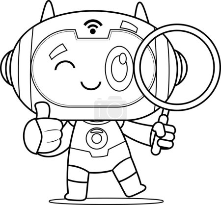 Illustration for Outlined AI Robot Chat Bot Cartoon Character Looking Through A Magnifying Glass. Vector Illustration Flat Design Isolated On Transparent Background - Royalty Free Image
