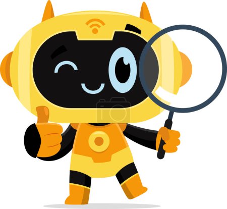 Illustration for AI Robot Chat Bot Cartoon Character Looking Through A Magnifying Glass. Vector Illustration Flat Design Isolated On Transparent Background - Royalty Free Image