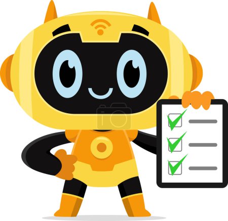 Téléchargez les illustrations : AI Robot Chat Bot Cartoon Character Holding Checklist Sur presse-papiers. Illustration vectorielle Design plat isolé sur fond transparent - en licence libre de droit