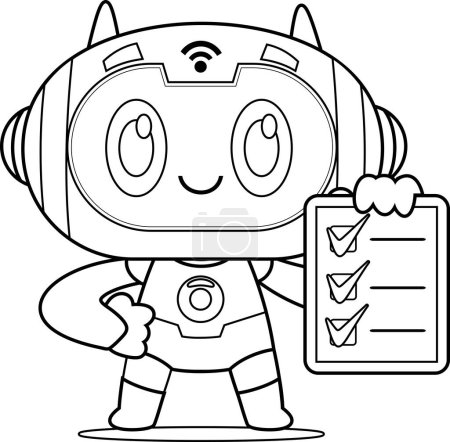 Illustration for Outlined AI Robot Chat Bot Cartoon Character Holding Checklist On Clipboard. Vector Illustration Flat Design Isolated On Transparent Background - Royalty Free Image