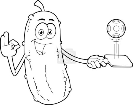 Ilustración de Divertido personaje de dibujos animados Pickle presente Pickleball. Ilustración dibujada a mano de trama aislada sobre fondo blanco - Imagen libre de derechos