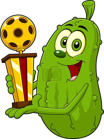 Ilustración de Carácter de dibujos animados Happy Pickle sosteniendo un trofeo Pickleball. Ilustración dibujada a mano de trama aislada sobre fondo blanco - Imagen libre de derechos