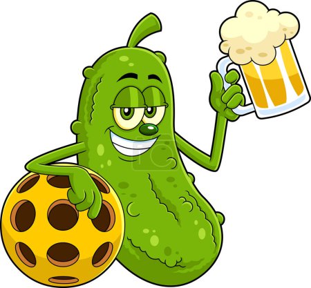 Funny Pickle Cartoon Character With Pickleball Ball Holding A Glass Of Beer. Raster Hand Drawn Illustration Isolated On White Background