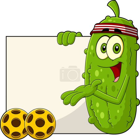 Ilustración de Personaje de dibujos animados Happy Pickle mostrando una bandera con Pickleball Ball. Ilustración dibujada a mano de trama aislada sobre fondo blanco - Imagen libre de derechos