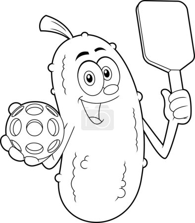 Ilustración de Carácter de dibujos animados en vinagre sonriente sosteniendo una bola de Pickleball y raqueta de paleta. Ilustración dibujada a mano de trama aislada sobre fondo blanco - Imagen libre de derechos